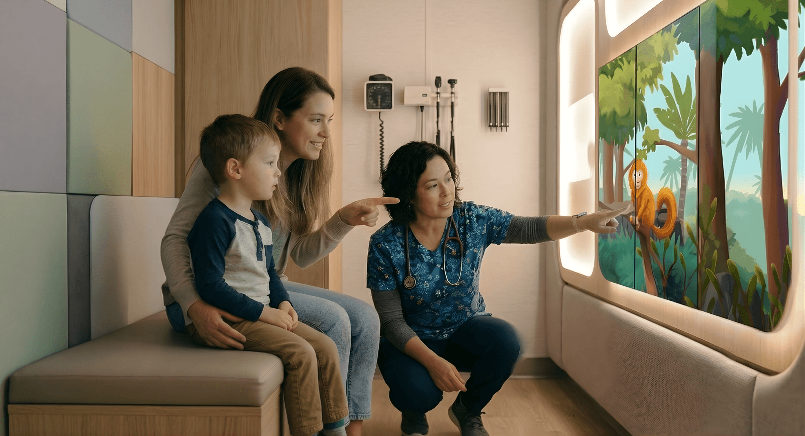 A child engaging with AR technology in a pediatric healthcare environment.